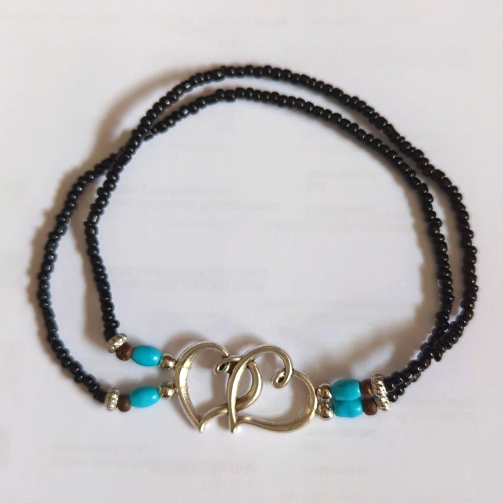 Lovely Double Hearts Ankle Bracelet Tiny Beads Black/Silver/Turquoise NWT - Picture 2 of 9